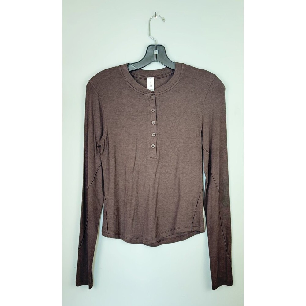 Lululemon Womens Brown Hold Tight Ribbed Crew Neck Henley 6 - Picture 2 of 5